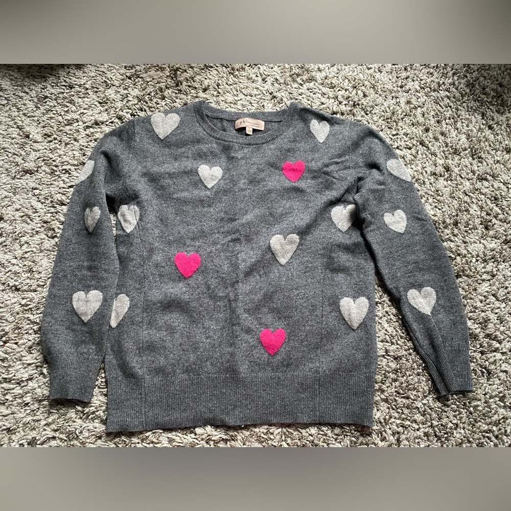 Philosophy Gray Crewneck Sweater with Pink & White Heart Accents